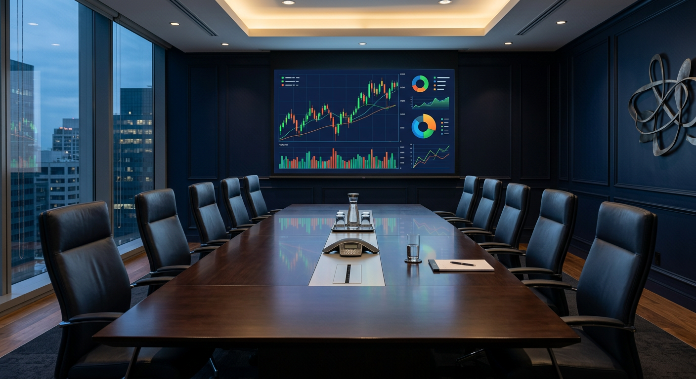 firefly gemini flash corporate boardroom dark navy, financial charts on screen, no people, no text 642851