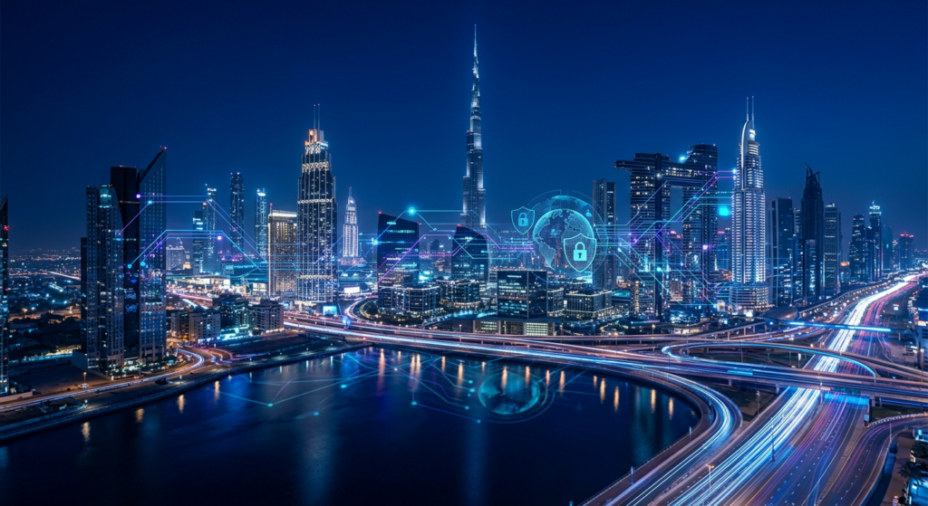 firefly gemini flash dubai skyline at night, dark blue tones, digital network overlay, cybersecurity con 642851