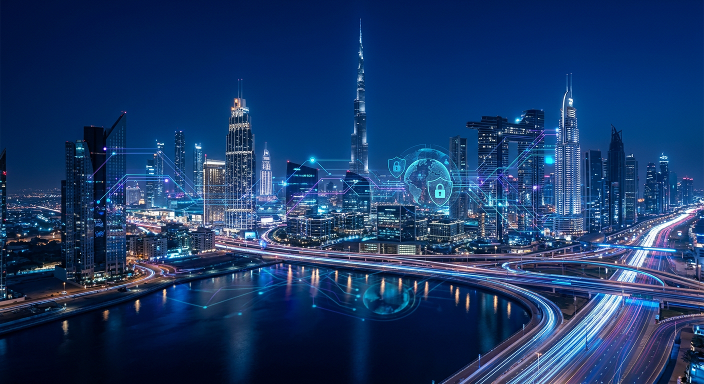 firefly gemini flash dubai skyline at night, dark blue tones, digital network overlay, cybersecurity con 642851